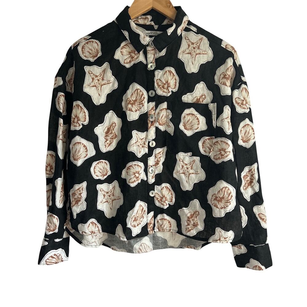 100% Linens‎ Size Small Sea Shell Boxy Crop Style Button Down Blouse